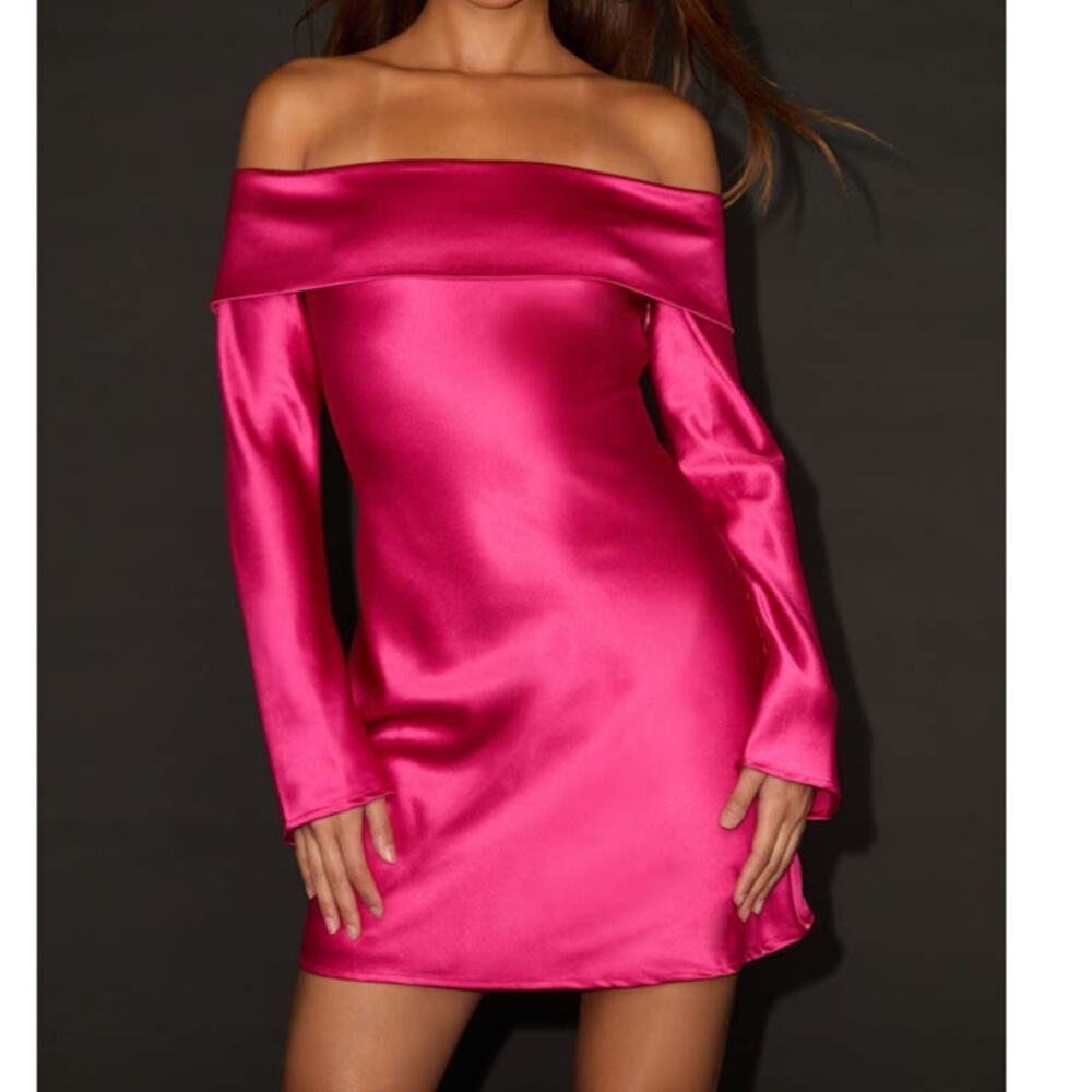 NEW Lulus Luxurious Vision Berry Pink Satin Off-the-Shoulder Mini Dress XL